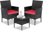 Patio Furniture Set 3 Pieces All-Weather Rattan Outdoor Furniture Patio Chairs with Tempered Glass Table for Porch Bistro Balcony Bistro Set(Black/Red)
