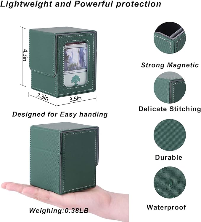AFIING MTG Deck Box for Commander Display,Card Deck Box Fits 100 Double Sleeved Cards, Magic Commander TCG Card Storage case with 2 Dividers,Dice Bag and 1 Toploader(Green/Grey)