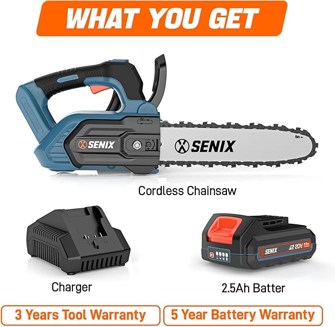 SENIX Chainsaw Cordless, 20V 10" Battery Chainsaw, Brushless Chain Saw, Includes 2.5Ah Battery & Charger, Garden Tool for Tree, Pruning, Branch Cutting, Yard, Fathers Day Gift, CSX2-M1