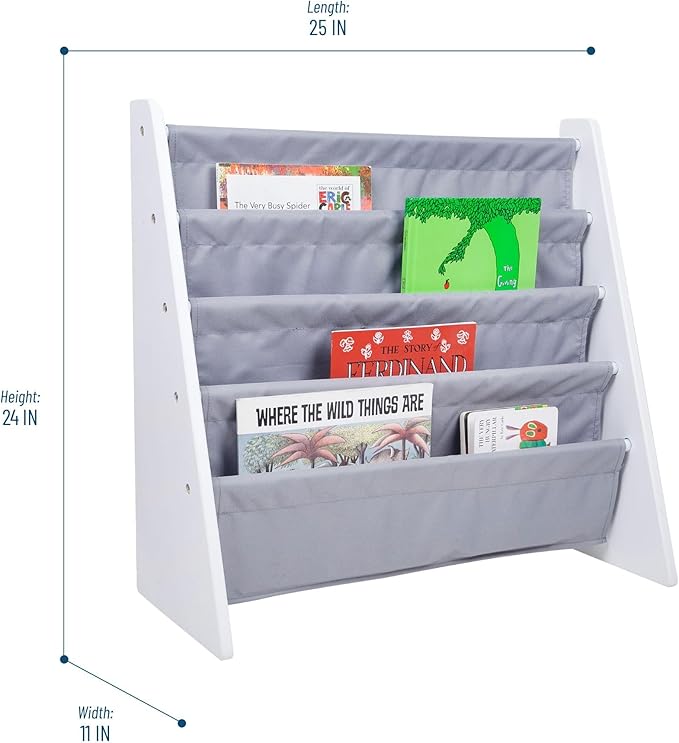 Wildkin Kids Canvas Sling Bookshelf for Boys and Girls, Wooden Design Features Four Fabric Shelves, Keep Bedrooms, Playrooms, and Classrooms Organized, Measures 25 x 24 x 11 Inches (White w/Gray)