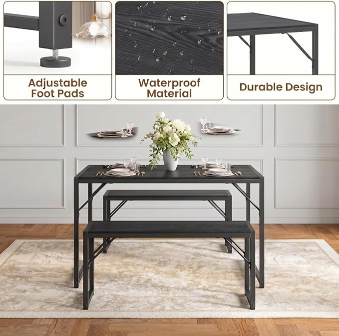 Bealife Dining Table Set for 4 with Metal Frame and MDF Board - Black | Space Saving Kitchen Table with 2 Benches, Kitchen Table Set for Apartment, Dining Room, Breakfast Nook