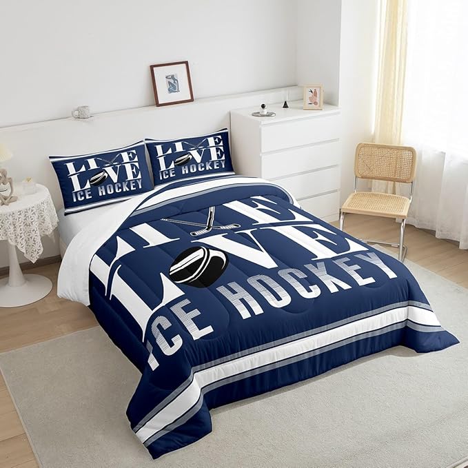 Ice Hockey Bedding Set Full Size Ice Sports Games Comforter Set for Kids Boys Girls Decor Hockey Player Comforter Microfiber Puck Hockey Duvet Set Bedroom Quilt Set