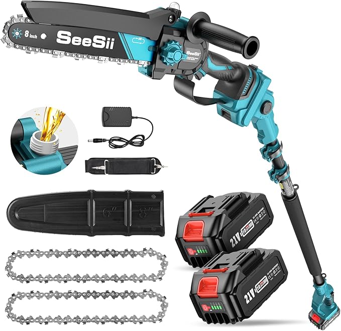SEESII PS810 2-IN-1 Cordless Pole Saw & Mini Chainsaw, 8-inch Electric Saws Brushless with 2 x 4.0Ah Batteries, 16-Foot MAX, Chain Saw with Extension Pole for Wood Cutting Trimming Branch