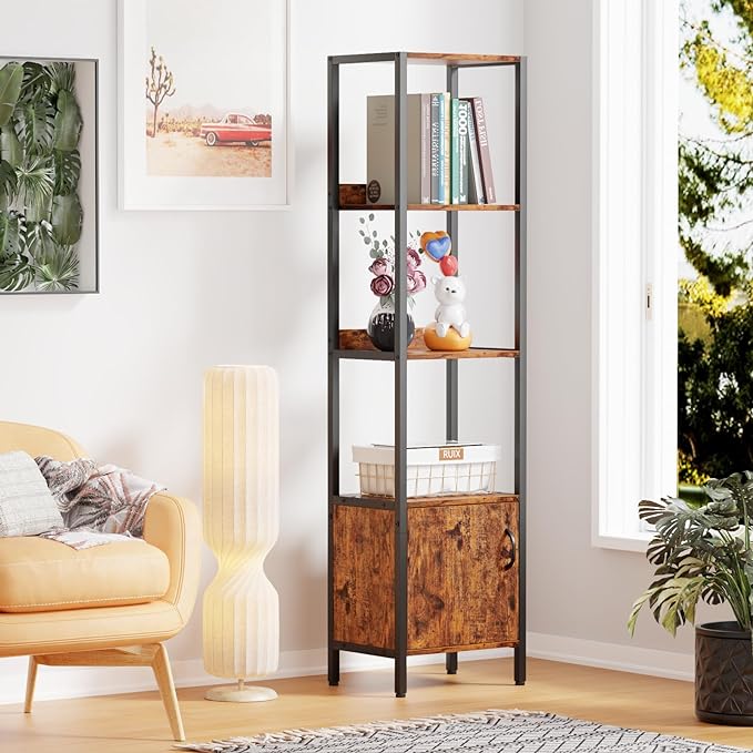 Furologee 5-Tier Bookshelf, Narrow Shelf with Storage Cabinet for Bedroom, Metal and Wood Shelf, Industrial Freestanding Display Tall Shelf for Living Room, Home Office, Bathroom, Rustic Brown