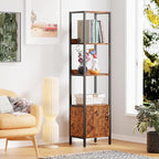 Furologee 5-Tier Bookshelf, Narrow Shelf with Storage Cabinet for Bedroom, Metal and Wood Shelf, Industrial Freestanding Display Tall Shelf for Living Room, Home Office, Bathroom, Rustic Brown