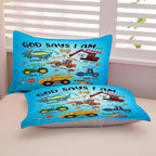 Boys Construction Vehicles Truck Comforter Set Queen,Christian Kids God Says I Am Construction Bedding Set,Car Excavator Tractor Bedroom Set（1 Comforter 2 Pillowcase） Blue