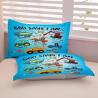 Boys Construction Vehicles Truck Comforter Set Full,Christian Kids God Says I Am Construction Bedding Set,Car Excavator Tractor Bedroom Set（1 Comforter 2 Pillowcase） Blue