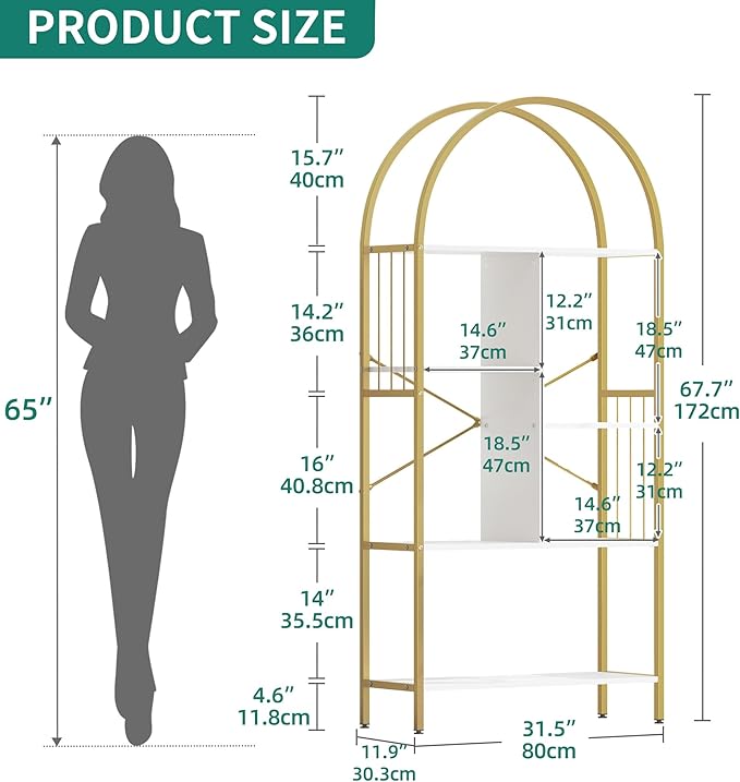 YITAHOME Gold Arched Bookshelf and Bookcase, 5 Tier Standing Book Shelf, Storage Display Rack Shelves for Bedroom Living Room Office,White&Gold