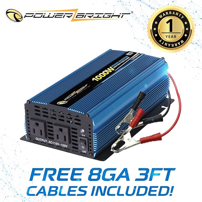 PowerBright 1000W Power Inverter DC 12V to 120V AC Car Inverter Power Converter with Dual 120 Volt AC Outlets. Easy to Install, Automotive Back Up Power Supply for Televisions, Blenders, Power Tools