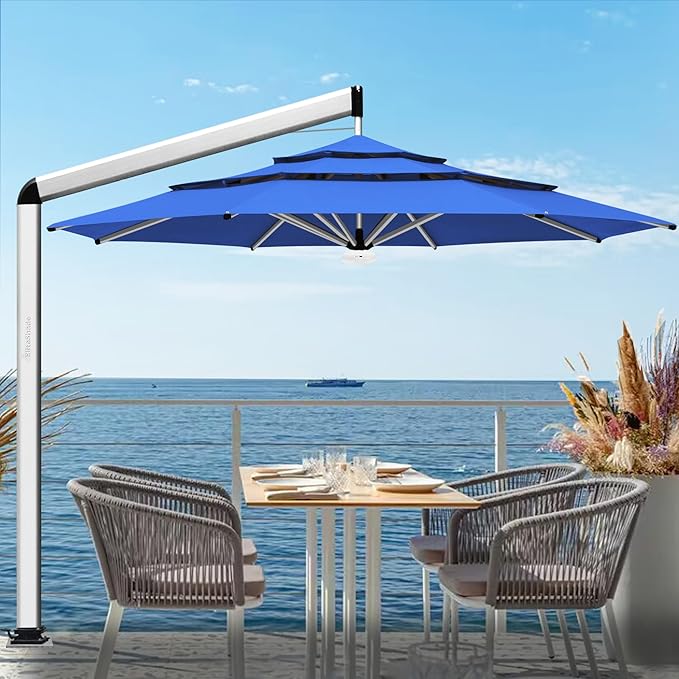 EliteShade USA Atlas 3-Tier 11FT Full Aluminum Cantilever Patio Umbrella for Outdoor restaurant Garden Courtyard Deck Pool and Marketing with Light(No battery),Royal Blue