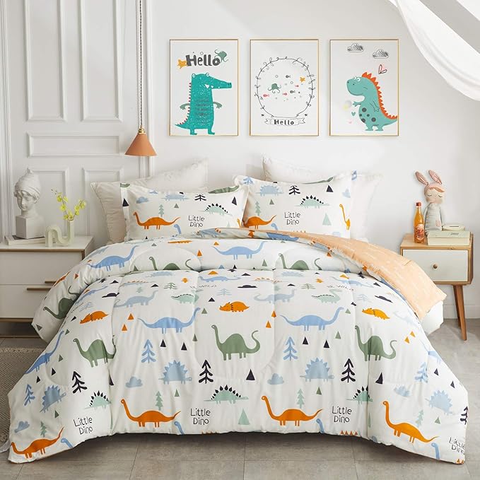 Joyreap 3pcs Cotton Comforter Set for Kids, Dinosaur Twin Size Cotton Bedding Comforter for Boys Girls, White n Orange Reversible Design, Soft n Cozy Comforter for All Season- 68x88 inches