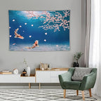 Japanese Koi Fish Tapestry, Cherry Blossoms Asian Oriental Blue Floral Branch Koi Fish Carp Tapestries Wall Hanging for Bedroom Living Room Office Decor 90"x60"