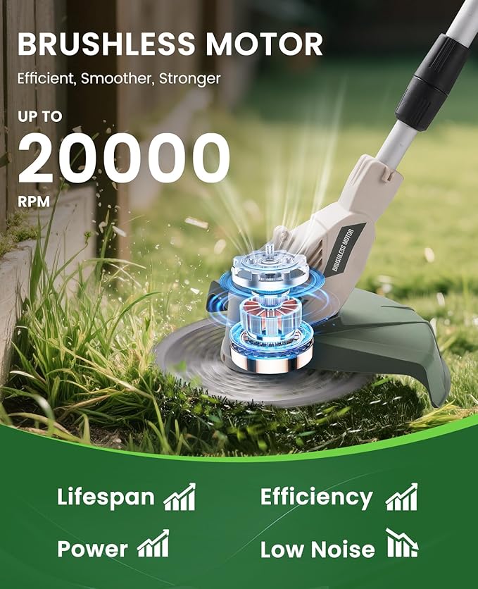 Electric Weed Wacker Cordless, Brushless Grass Trimmer with 2 21V 4.0Ah Batteries and Charger,4 Types of Blades String Trimmer, Weed Eater Battery Powered with Shoulder Strap, Lawn Edger Tool