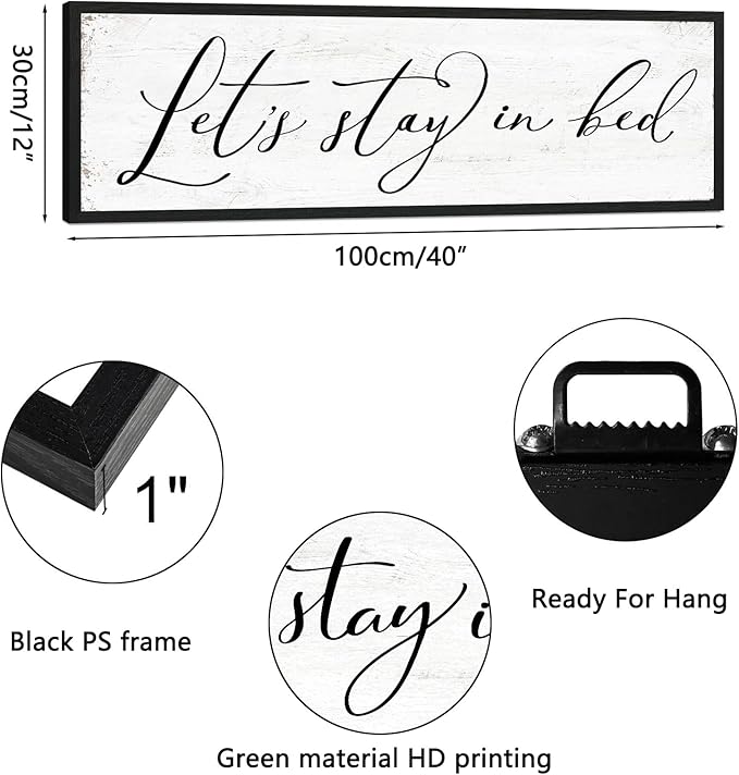 Let's Stay in Bed Sign: Rustic Bedroom Signs Wall Decor Above Bed Framed Modern Farmhouse Family Wall Signs Hanging Plaques Inspirational Quotes Master Bedroom Wall Art 12 x 40 Inch