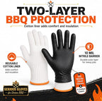 BBQ Gloves Disposable, 100 Count + 4 Cotton Liners, 10 Mil Tear Resistant | Nitrile Diamond Grip, Heat Resistant for Grilling Smoking Cooking, Food Safe, Latex Free, Heavy Duty Meat Handling, X-Large