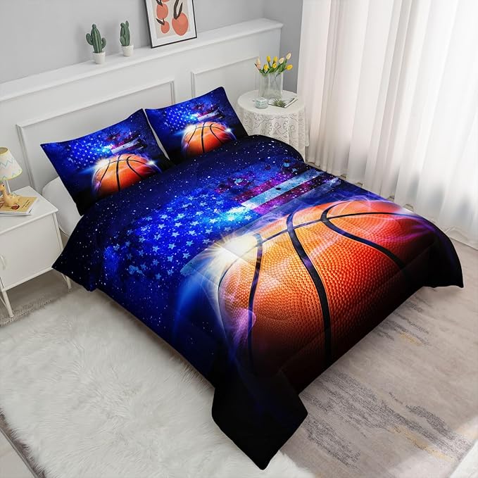 Datura home Kids Comforter Set Basketball Printed Pattern Bedding Set with 1 Comforter and 2 Pillowcases for Girls Boys Bedroom All Season(Basketball Full)