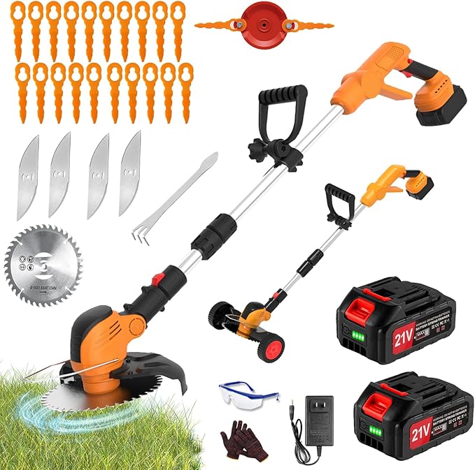 Electric Weed Wacker Eater Cordless String Trimmer Battery Powered, 21V/4000mAh Grass Trimmer Battery Operated Brush Cutter, 3 in 1 Lightweight Weed Trimmer/Lawn Edger/Trimmer Edger for Yard Garden