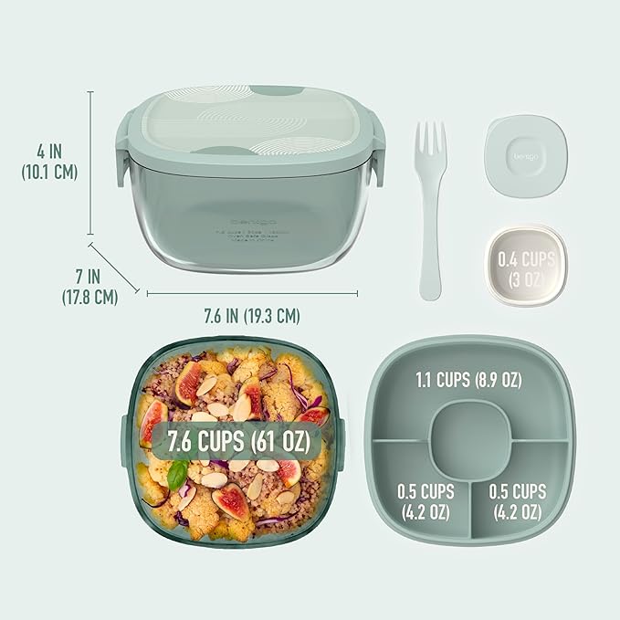 Bentgo Glass Prints All-in-One Salad Container - 61oz Tinted Glass Salad Bowl with Lid, Bento-Style Tray, Sauce Container, & Reusable Fork - Dishwasher & Microwave Safe (Mod Curve - Serene Green)