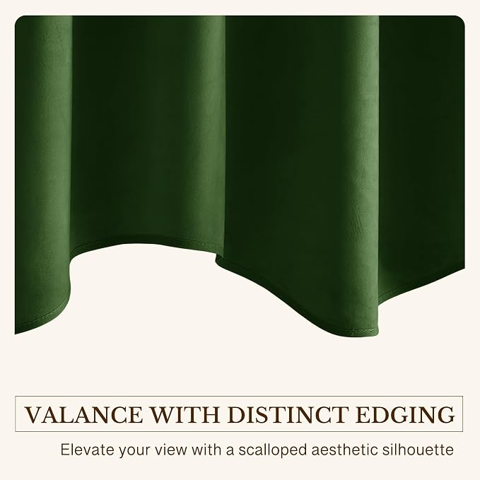 Moss Green Scalloped Velvet Valance 52x18 Inch 1 Panel | Thick Wavy Green Kitchen Curtains, Decorative Small Window Treatment for Living Room, Bathroom, Rod Pocket