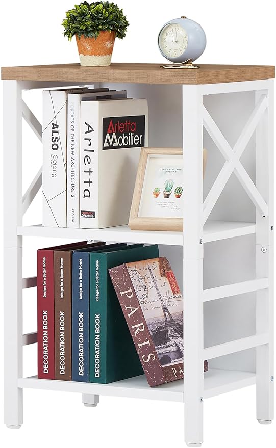 Bookcase, Industrial Small Bookshelf,3-Tier Bookcase Storage Organizer, Small Book Shelf for Small Spaces, Living Room, Bedroom and Home Office, White&Brown