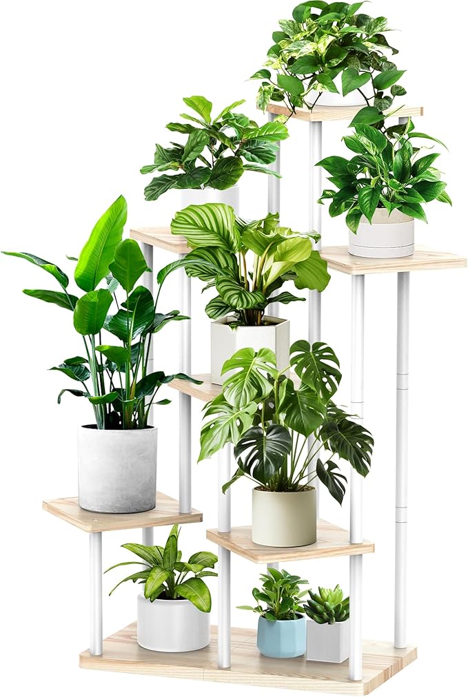 7 Tier Wood Tall Plant Stand Metal Rack Indoor, Multiple Flower Pot Holder Shelves Corner Rack, Planter Shelf Display Rack Storage Organizer for Patio Living Room Balcony Garden(White Oak)