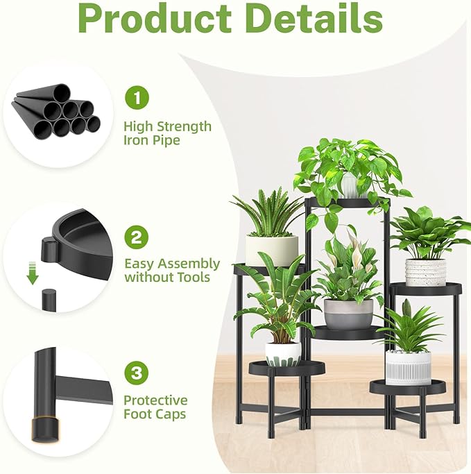 iDavosic.ly 6 Tier Folding Plant Stand Indoor Outdoor with Plastic Tray, Tiered Corner Flower Holder Shelf, Metal Orchid Display Rack for Patio Porch Living Room Garden Balcony, Modern Black