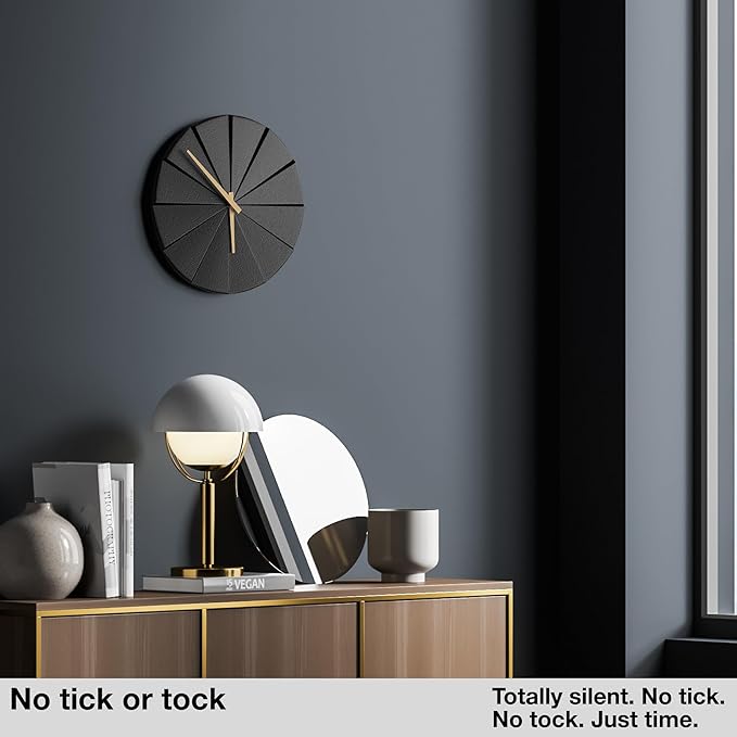 Driini Staircase Modern Wall Clock - Unique 10.5 in. Frameless Concrete Design - Contemporary, Minimalist Decor; No Numbers - Silent Battery Operated Clocks with Decorative Wooden Hands; Black