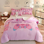 Video Game Queen Size Comforter Set for Girls Kids Teens 3D Gaming Controller Pattern Gamepad Print Bedding Set- 3 Piece Pink Quilt with 2 Pillowcases (90"x90")