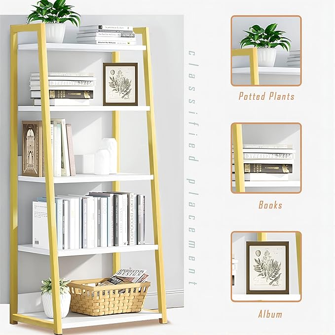 IOTXY 5 Tier Open Bookshelf - Steel and Wood Display Stand, 50CM Width Floor-Standing Bookcase, Gold