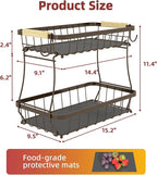 2-Tier Fruit Basket with Banana Hangers, Detachable Metal Bowl | Wooden handle, protective mats included. Versatile holder for bread, snacks, and veggies. Extra Large 2 tier metal design.
