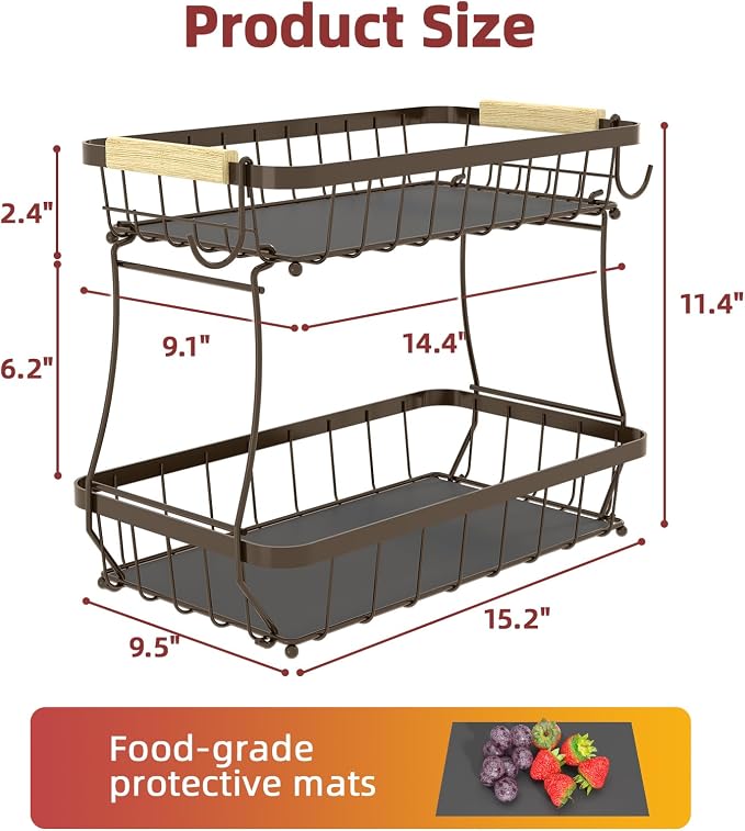 2-Tier Fruit Basket with Banana Hangers, Detachable Metal Bowl | Wooden handle, protective mats included. Versatile holder for bread, snacks, and veggies. Extra Large 2 tier metal design.