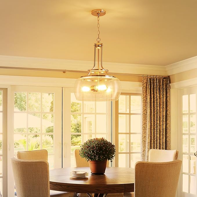 WUZUPS Chandelier Rustic Farmhouse Industrial Round Ceiling Pendant LED Light Fixture Clear Seeded Glass Shade for Dining Room Kitchen Island Foyer Entryway, H 20.9" x W 15.9", Brushed Nickel