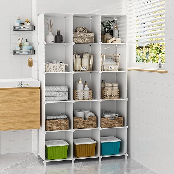 FUNLAX Cube Storage Shelf, 16 Storage Cubes Closet Organizers and Storage Portable Cube Storage Organizer Plastic Bookshelf Bookcase for Study Room, Bedroom, Office, White