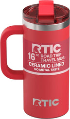 RTIC 16oz Road Trip Travel Mug with Lid and Handle, Ceramic Lined, Flag Red | Stainless Steel Metal, Insulated Travel Cup for Hot and Cold Drinks, Coffee, Car, Camping and Travel