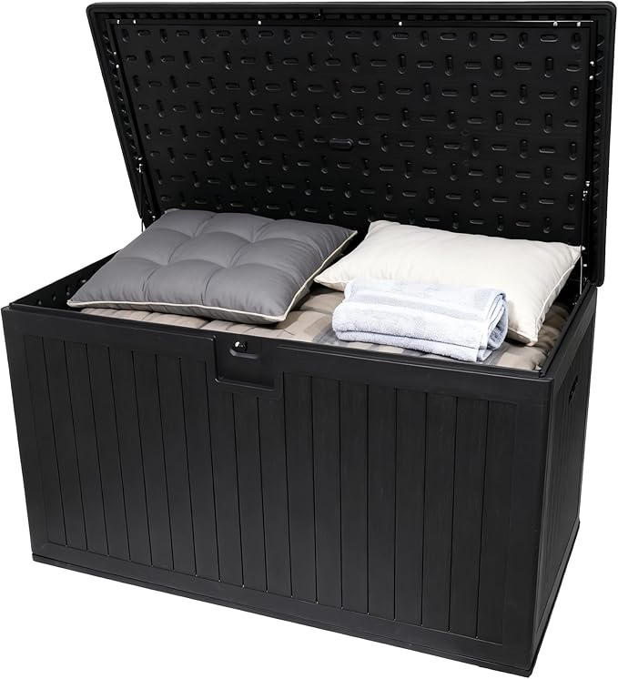 230 Gallon Outdoor Storage Box Waterproof, Extra Large Plastic Outside Deck Box Weatherproof, Resin Patio Storage Bin with Lock and Lids for Cushion, Black