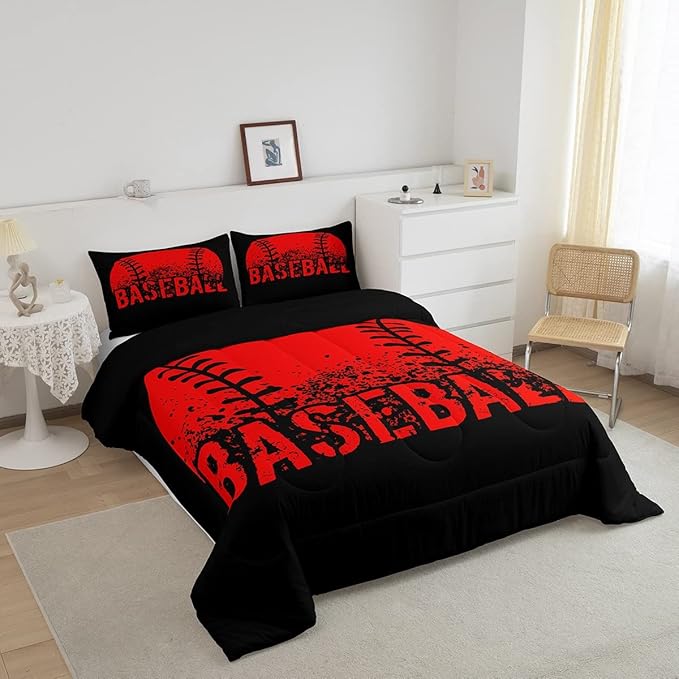 Baseball Comforter Set King Size Kids Red Black Sports Quilt Bedding Set For Boys Girls,Reversible Black Bedding Comforter Sets Soft Lightweight For All Season,1 Comforter And 2 Pillow Cases