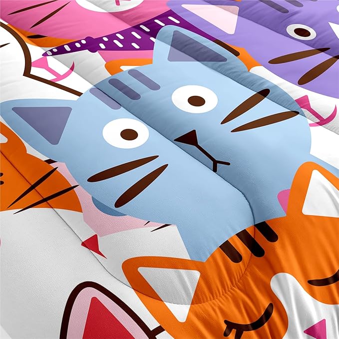 Cartoon Cat Bedding Set - 2Pcs Cute Cat Comforter Set for Bedroom Kids Boys Girls Cat Bedding Decor for All-Season Colorful Kitten Pattern Lovely Animal 1 Cat Comforter with 1 Pillowcase, Twin Size