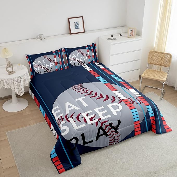 Baseball Comforter Set Sports Game Bedding Set for Boys Girls Baseball Gaming Blue Stripe Comforter Gift for Baseball Softball Lover Room Decor Full Size Quilt Boys