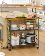 Kitchen Island with Power Outlet, Rolling Kitchen Cart with 6 Hooks and Protective Shelf, Microwave Stand on Lockable Wheels, Bakers Rack Coffee Bar for Dining, Living Room, Outdoor, Metal Frame