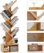 YMYNY 6 Tier Tree Bookshelf, Tall Bookcase, Wood Book Storage Rack with Drawer, Modern Floor Standing Book Shelf for Books/Movies/CDs, Utility Organizer for Living Room, Home Office, Natural UHBC016N