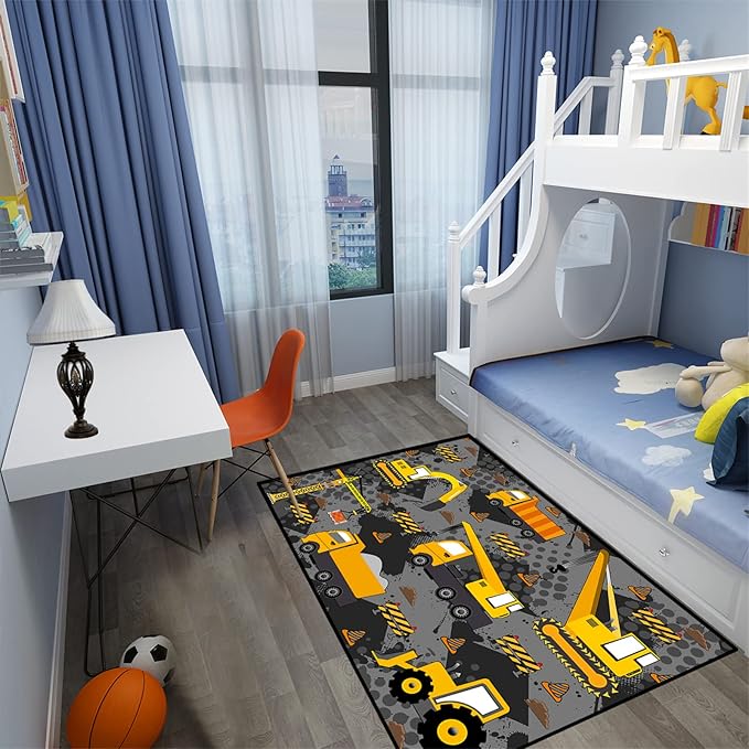 Construction Rugs for Boys Room Play Rug for Cars and Trucks Car Rug Play Mat Kids Rugs for Playroom Car Rug for Boys Room Construction Decor for Boys Room,Grey 3'×5'