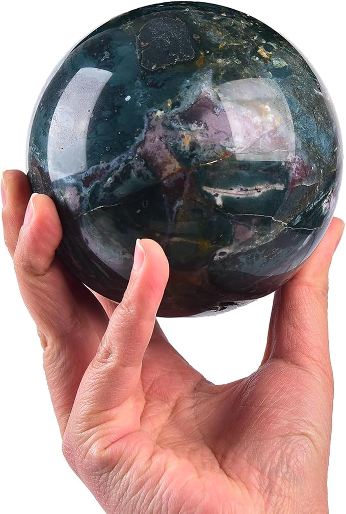 JIC Gem Large Healing Crystal Sphere with Stand Ocean Jasper Crystal Gemstone Decorative Ball for Home Decor Altar Reiki Healing Gift 90-100mm