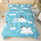 Cat Comforter Queen Size,Blue Cloud Cats Comforter Set for Kids Teens Girls Boys,3Pcs Bedding Set Printed Comforter with 2 Pillowcases,Down Alternative,Soft and Lightweight，Queen Size
