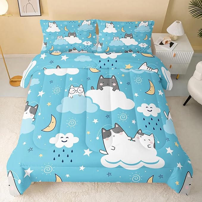 Cat Comforter King Size,Blue Cloud Cats Comforter Set for Kids Teens Girls Boys,3Pcs Bedding Set Printed Comforter with 2 Pillowcases,Down Alternative,Soft and Lightweight，King Size