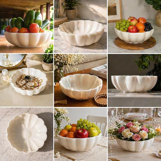 10" Large Ruffle Scalloped Bowl for Home marble decor, Handcrafted White Marble Decorative Bowl – Entryway, Kitchen Counter & Living Room kitchen counter decor