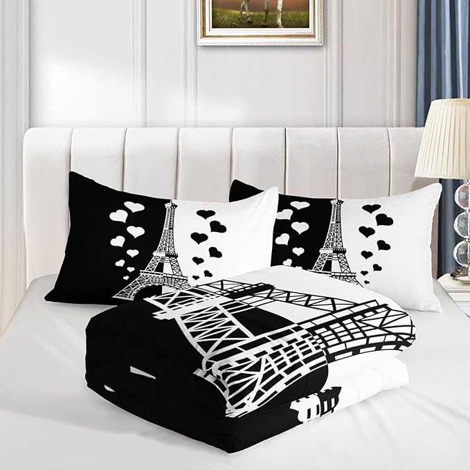 Datura home Kids Comforter Set Eiffel Tower Printed Pattern Bedding Set with 1 Comforter and 2 Pillowcases for Girls Boys Bedroom All Season(Tower1 Queen)