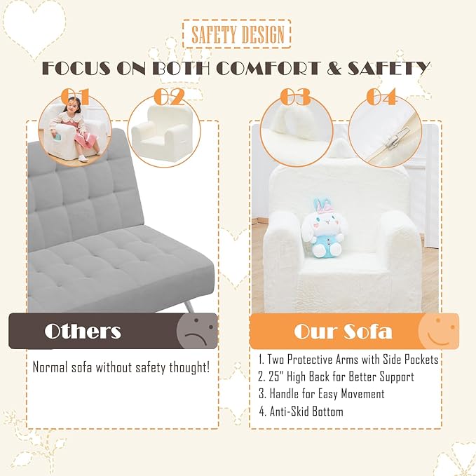 Snuggly-Soft Cuddly Toddler Plush Armchair for Boys and Girls Fuzzy Plush Kids Sofa Couch Reading Chair with Children Friendly Handle for Easy Movement & Double Pockets for Good Storage, Cream