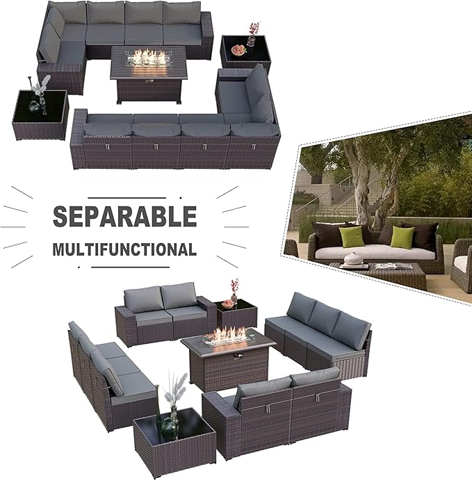 Kullavik 13 Pieces Outdoor Patio Furniture Set with 43" 55000BTU Gas Propane Fire Pit Table PE Wicker Rattan Sectional Sofa Patio Conversation Sets,Grey