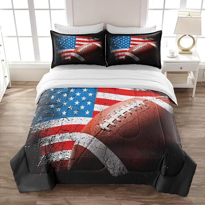 American Football Comforter Set for Boys Teens,Kids Sports Bedding Set Full Size,USA Flag Football Printed Bedroom Sets with 2 Matching Pillow Shams