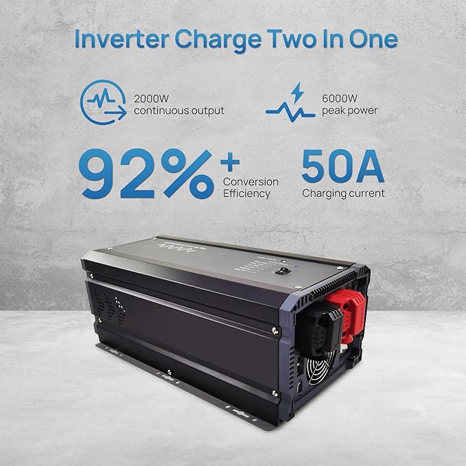 Soyond 2000W Pure Sine Wave Inverter Charger, 12V DC to 120V AC Surge 6000W, with 50A Battery AC Charger, Power Inverter w/LCD Remote Panel for RV, Boat,Truck, Compatible with Lifepo4 Battery